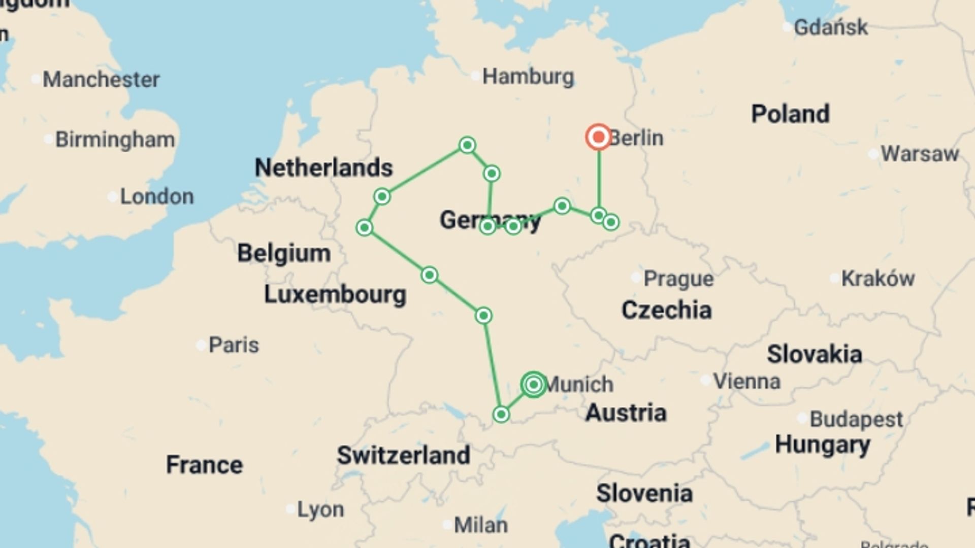 A map showing the tour itinerary for the trip: From Bavaria to Berlin, starting in Munich, Germany and ending in Berlin, Germany going through 5 other destinations.