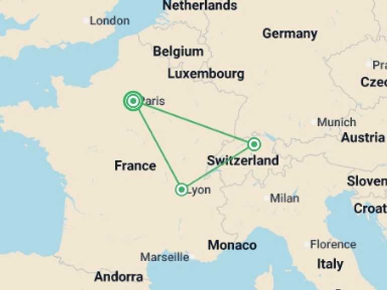 Map itinerary of France Tour in May 2026 with 3 destination visits for the trip: France and Switzerland GO