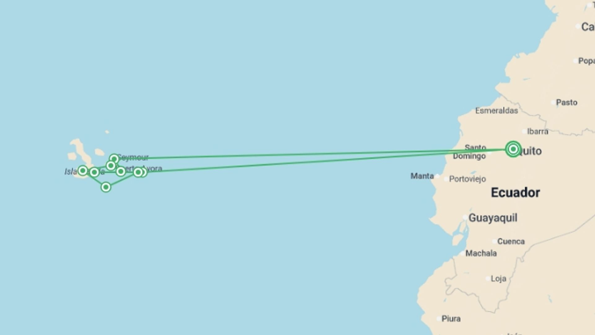 A map showing the tour itinerary for the trip: Island Hopping in the Galapagos, starting in Quito, Ecuador and ending in Quito, Ecuador going through 6 other destinations.
