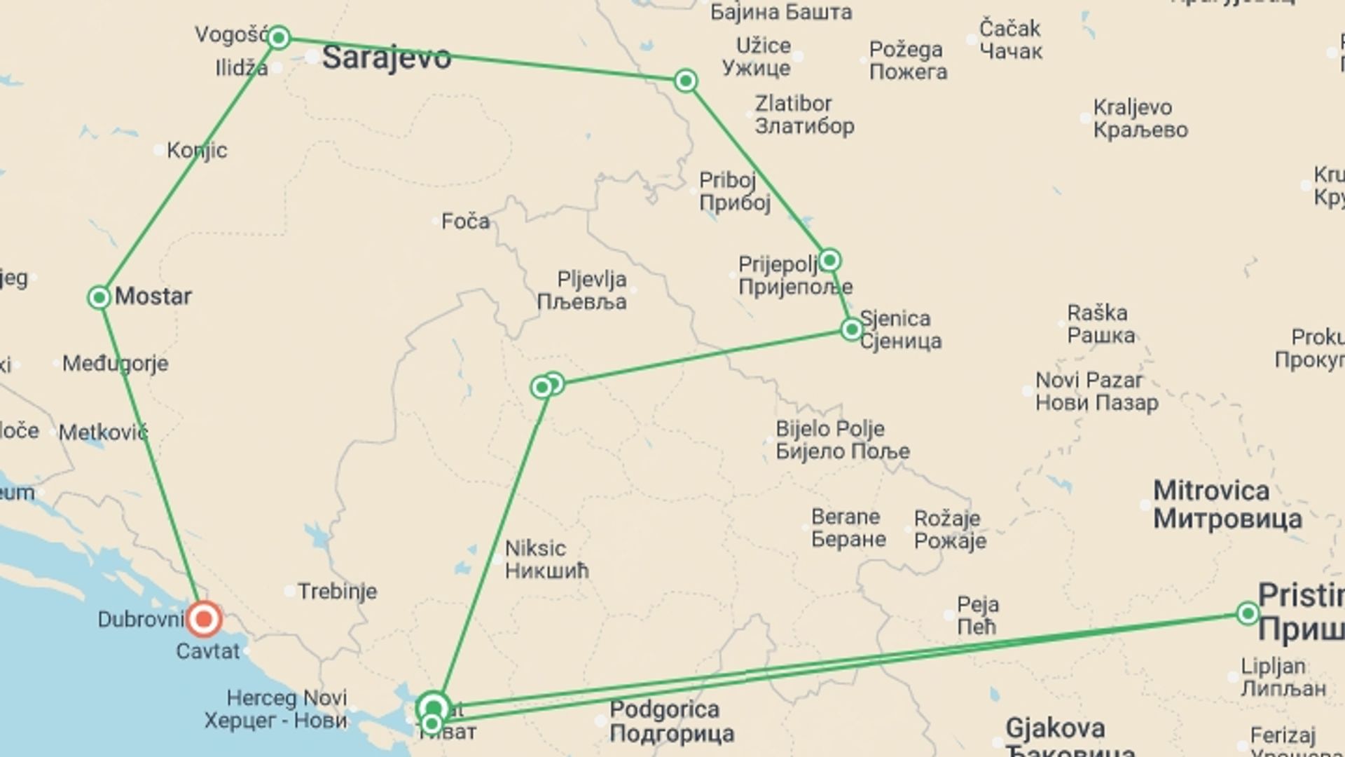 A map showing the tour itinerary for the trip: Journey Through the Balkans, starting in Dobrota, Montenegro and ending in Dubrovnik, Croatia going through 10 other destinations.
