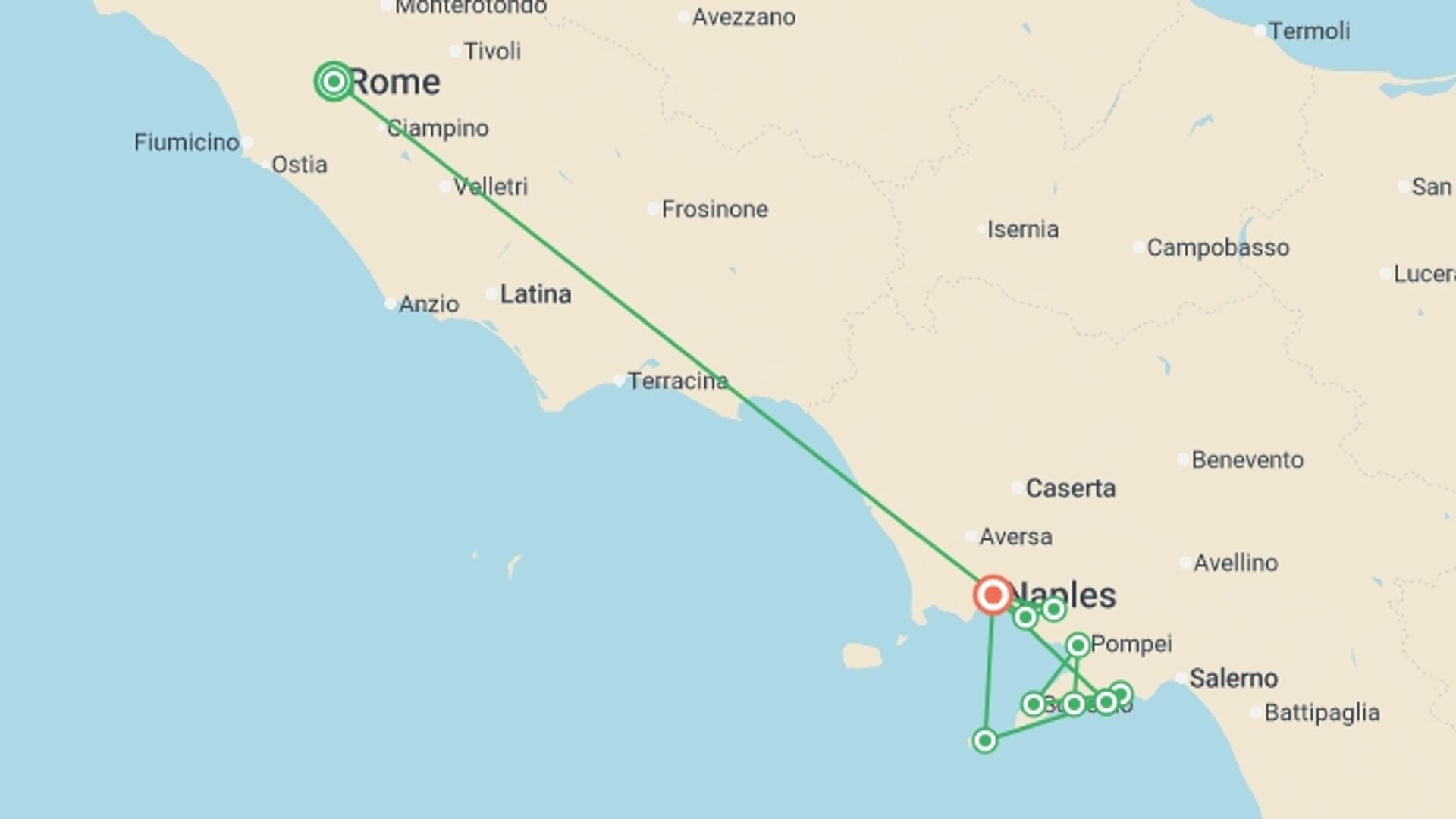 A map showing the tour itinerary for the trip: Rome and the Amalfi Coast on Foot, starting in Rome, Italy and ending in Naples, Italy going through 3 other destinations.