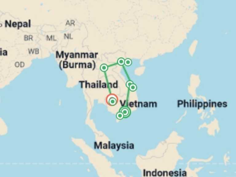 Map of Asia Tour with 8 destination visits for the trip: Treasures of Indochina - 15 days