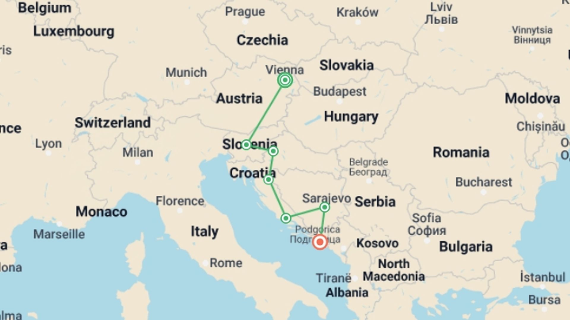 A map showing the tour itinerary for the trip: Eastern Capitals & the Dalmatian Riviera, starting in Vienna, Austria and ending in Dubrovnik, Croatia going through 5 other destinations.