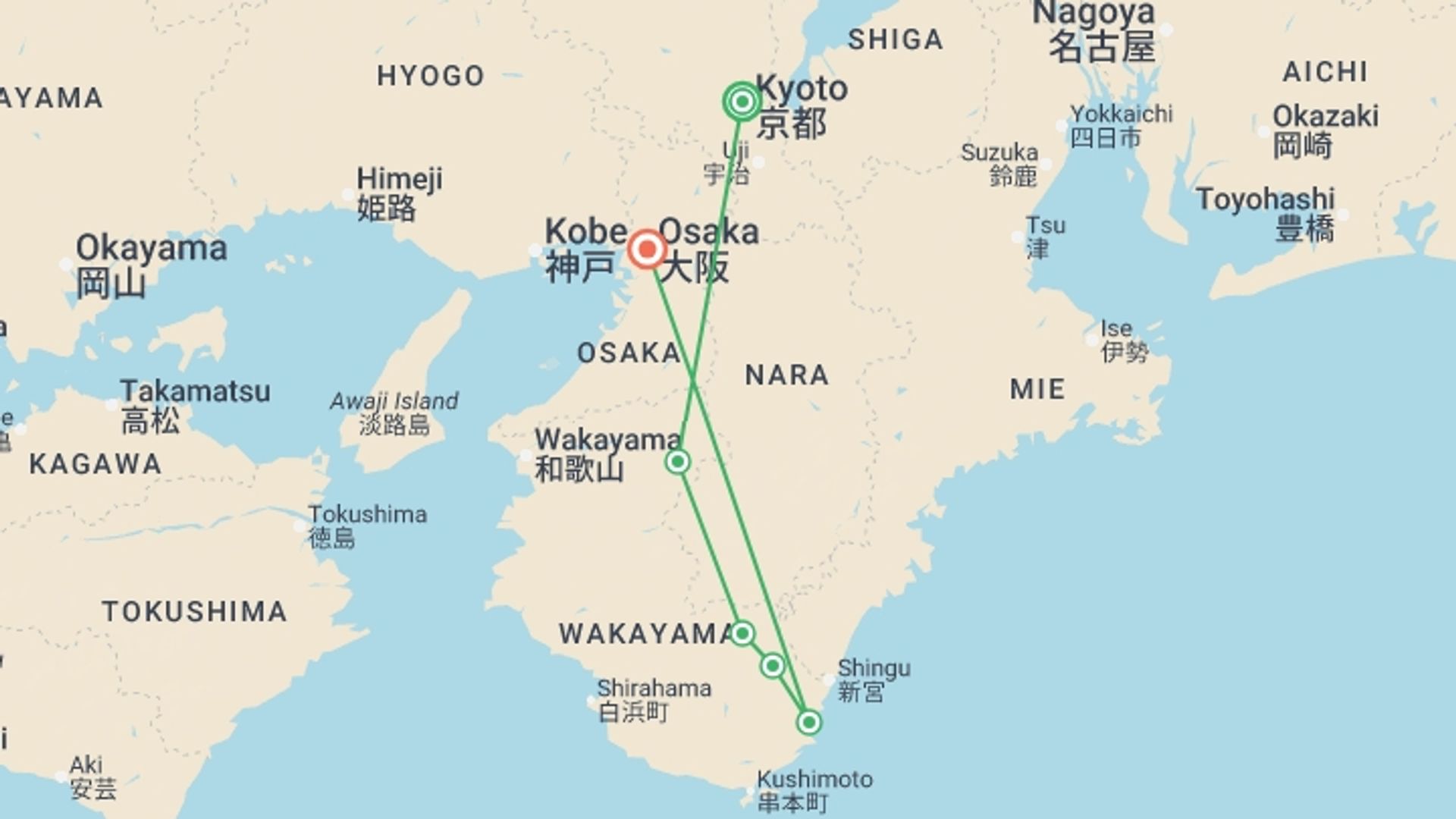 A map showing the tour itinerary for the trip: Japan: Koya-san & Kumano Kodo Trek, starting in Kyoto, Japan and ending in Osaka, Japan going through 5 other destinations.