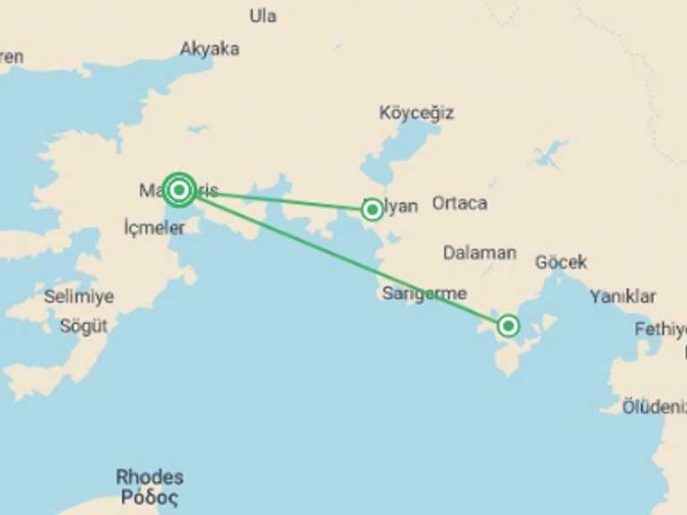 Map of Turkey Trekking and Hiking Tour with 3 destination visits for the trip: Turkey Walk & Cruise