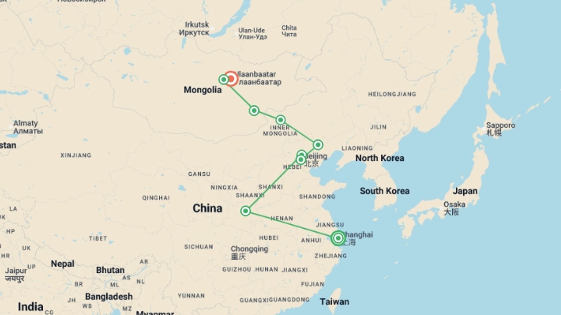 A map showing the tour itinerary for the trip: China & Mongolia Railway Adventure, starting in Shanghai, China and ending in Ulaanbaatar, Mongolia going through 4 other destinations.