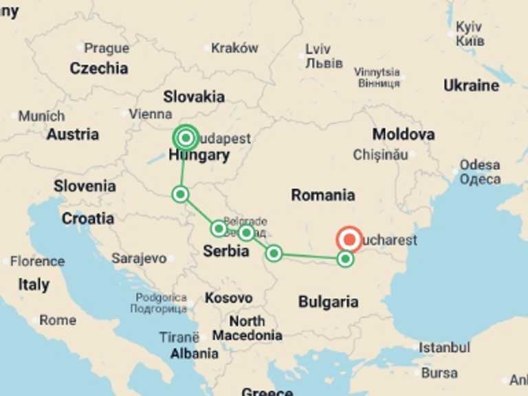 Map itinerary of Budapest Tour in July 2026 with 7 destination visits for the trip: Highlights of Eastern Europe (2026)