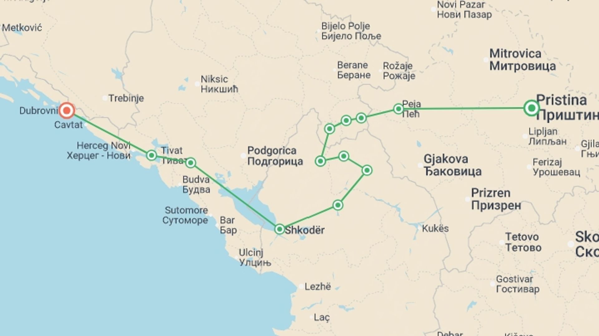 A map showing the tour itinerary for the trip: Balkans High Trails and Culture Guided Hike, starting in Pristina, Kosovo and ending in Dubrovnik, Croatia going through 7 other destinations.