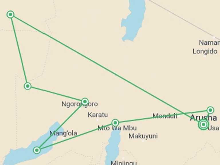 Map of Ngorongoro Crater Adventure Tour with 8 destination visits for the trip: Best of Wildebeast Migration (8 days)