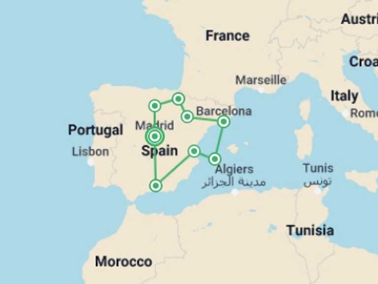 Map of Spain Tour with 2 destination visits for the trip: Best of Spain