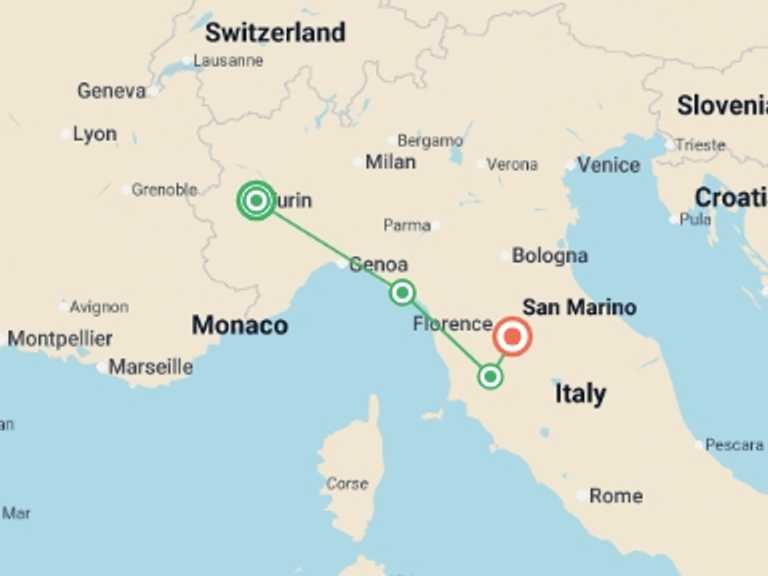 Map itinerary of Europe Tour in July 2026 with 4 destination visits for the trip: Tuscany and the Italian Riviera 