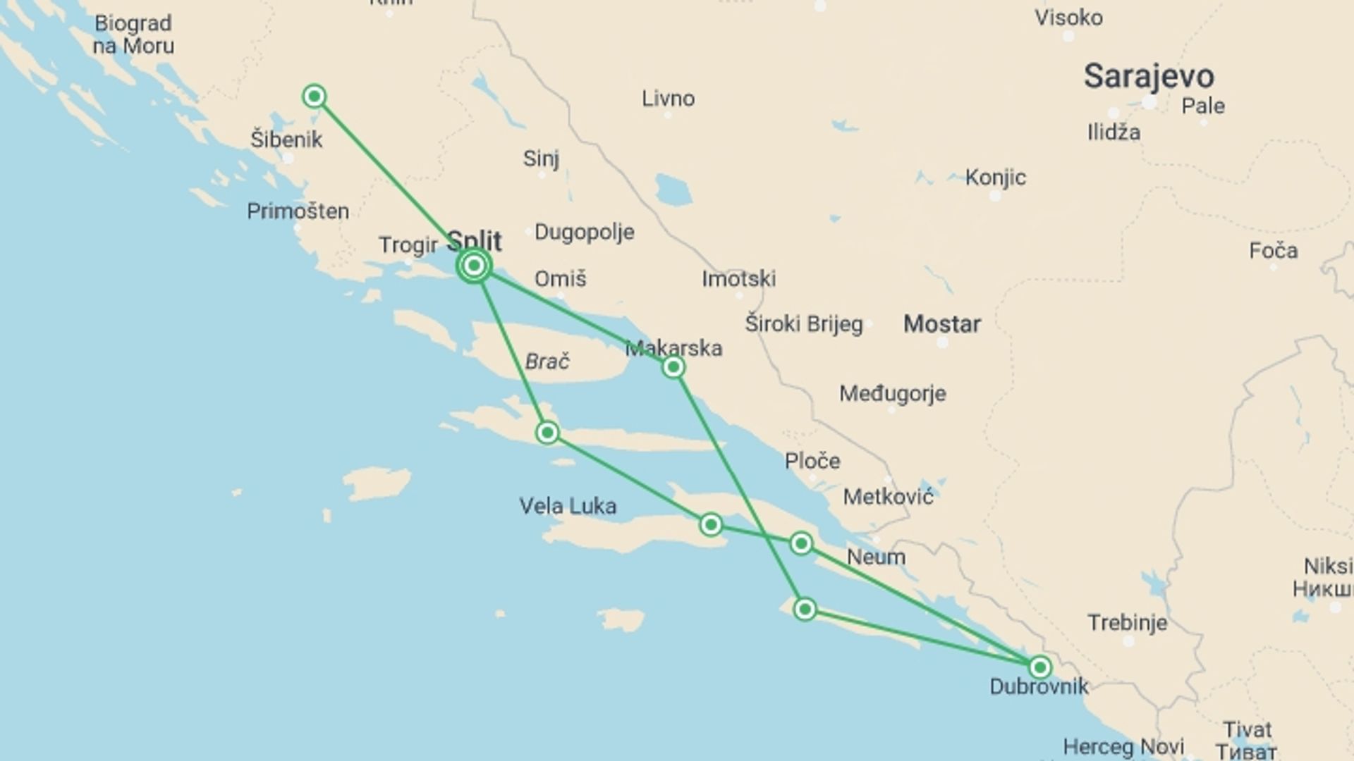 A map showing the tour itinerary for the trip: Croatia Sail Adventure, starting in Split, Croatia and ending in Split, Croatia going through 7 other destinations.