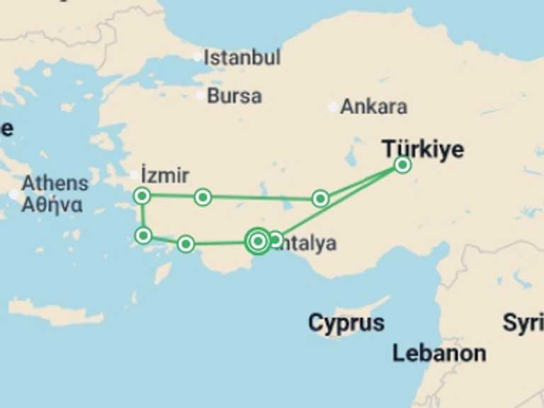 Map of Turkey Tour with 8 destination visits for the trip: Turkish Ring