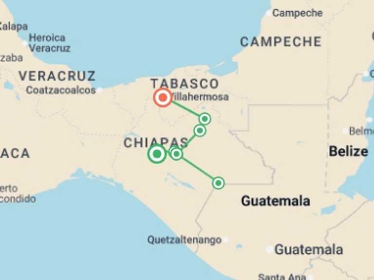 Map itinerary of North America Tour in November 2026 with 4 destination visits for the trip: Chiapas Experience