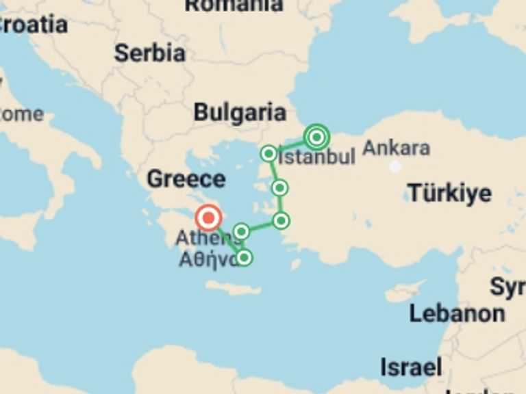 Map of a War sites Tour with 10 destination visits for the trip: Constantinople To Hellas Tour