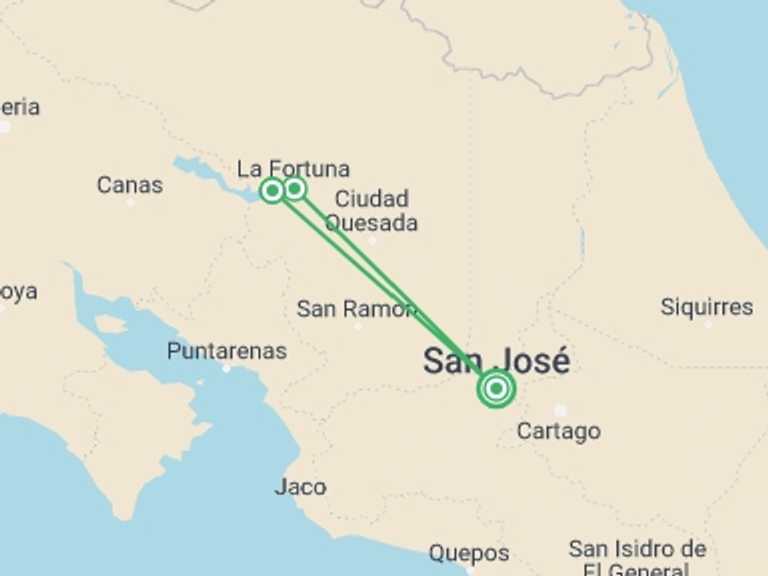 Map of San Jose Getaways and short breaks Tour with 2 destination visits for the trip: Arenal Volcano Getaway, Short Break