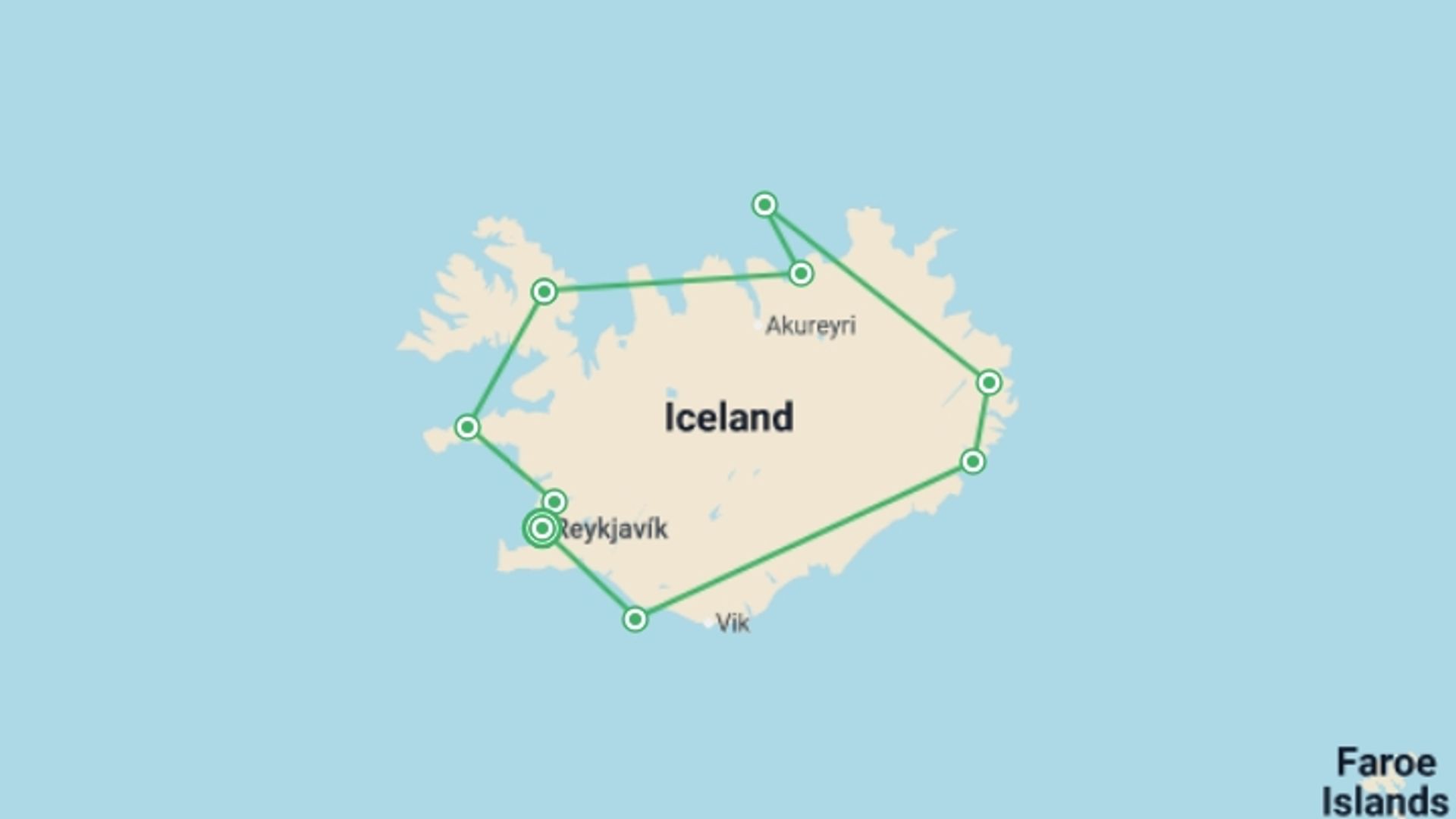 A map showing the tour itinerary for the trip: Iceland Circumnavigation - Douglas Mawson, starting in Reykjavik, Iceland and ending in Reykjavik, Iceland going through 8 other destinations.