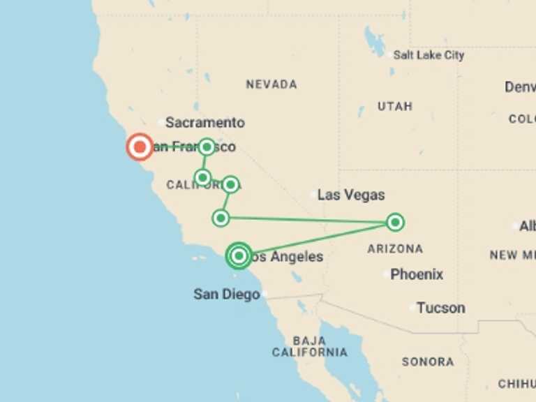 Map itinerary of USA Tour in December 2026 with 5 destination visits for the trip: Dreams of the West end in San Francisco