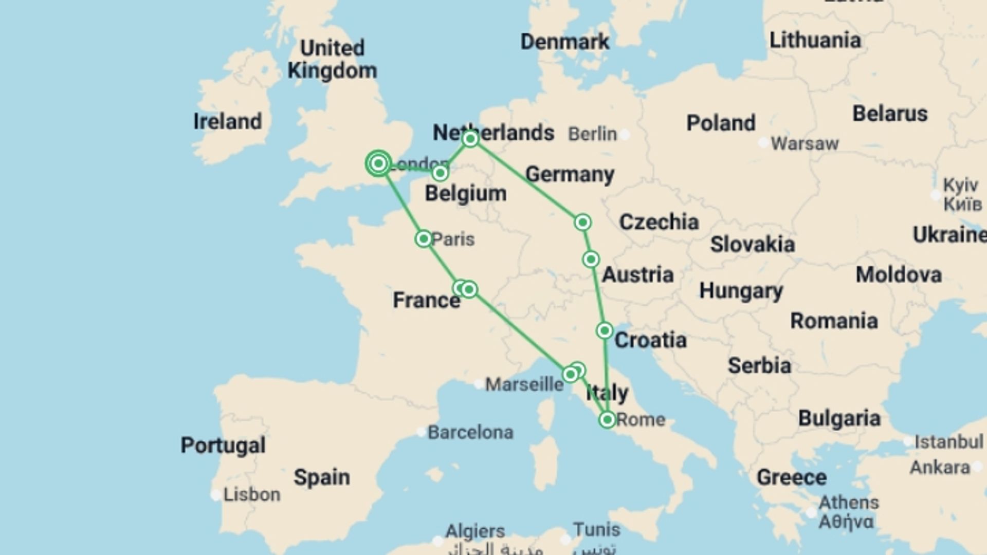 A map showing the tour itinerary for the trip: Classic Europe, starting in London, England and ending in London, England going through 7 other destinations.