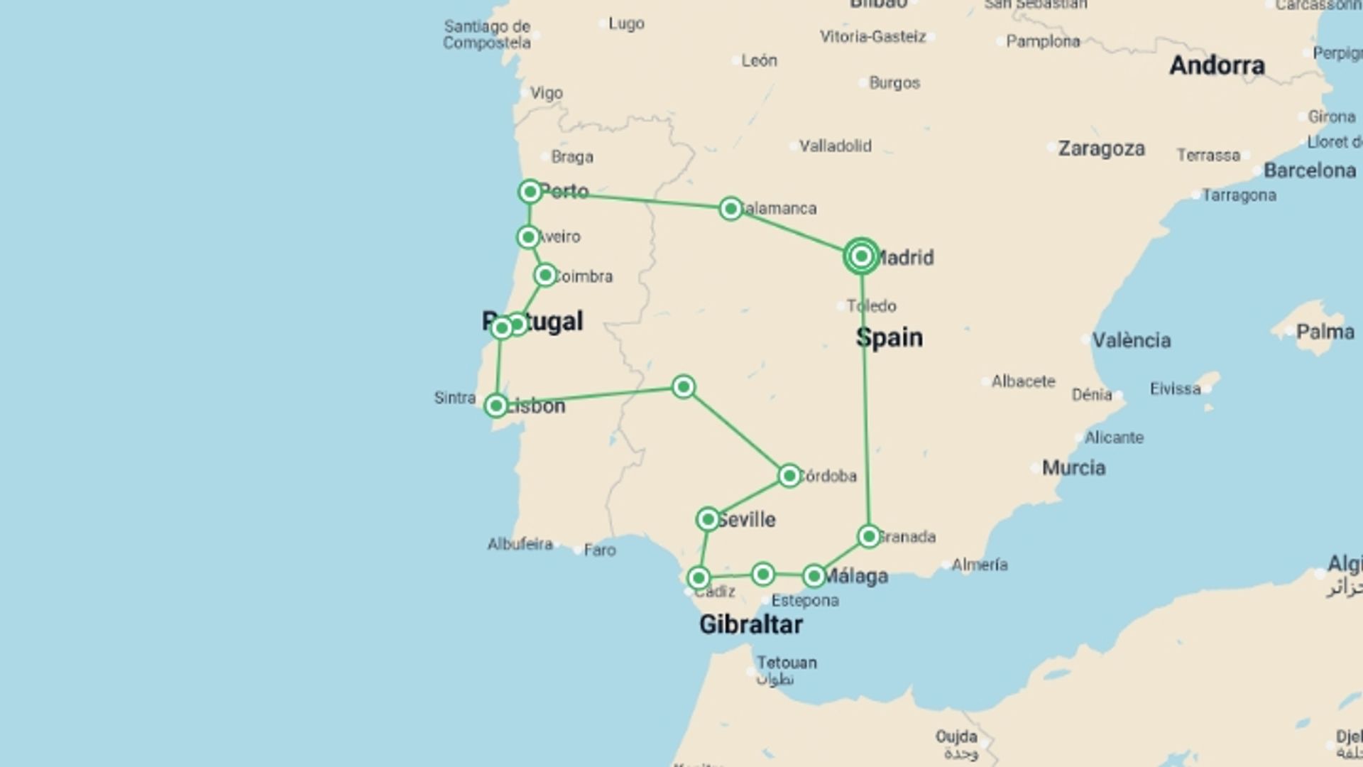 A map showing the tour itinerary for the trip: Perfect Portugal & Southern Spain - 14 days, starting in Madrid, Spain and ending in Madrid, Spain going through 7 other destinations.
