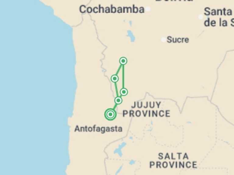 Map itinerary of Chile Tour in Fall with 5 destination visits for the trip: Uyuni Salt Flats & Desert Adventure 4D/3N (Atacama to Atacama)