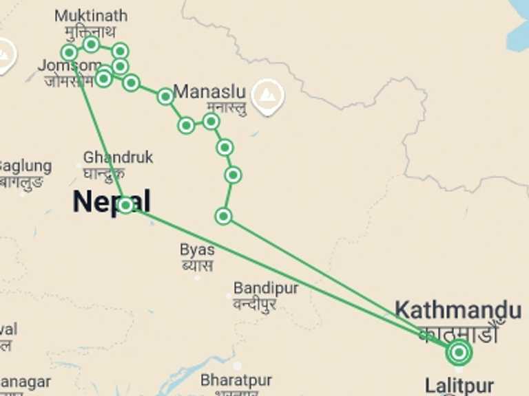 Map of 19-Day Kathmandu Tour with 16 destination visits for the trip: Tilicho Lake Trek: 19 Days