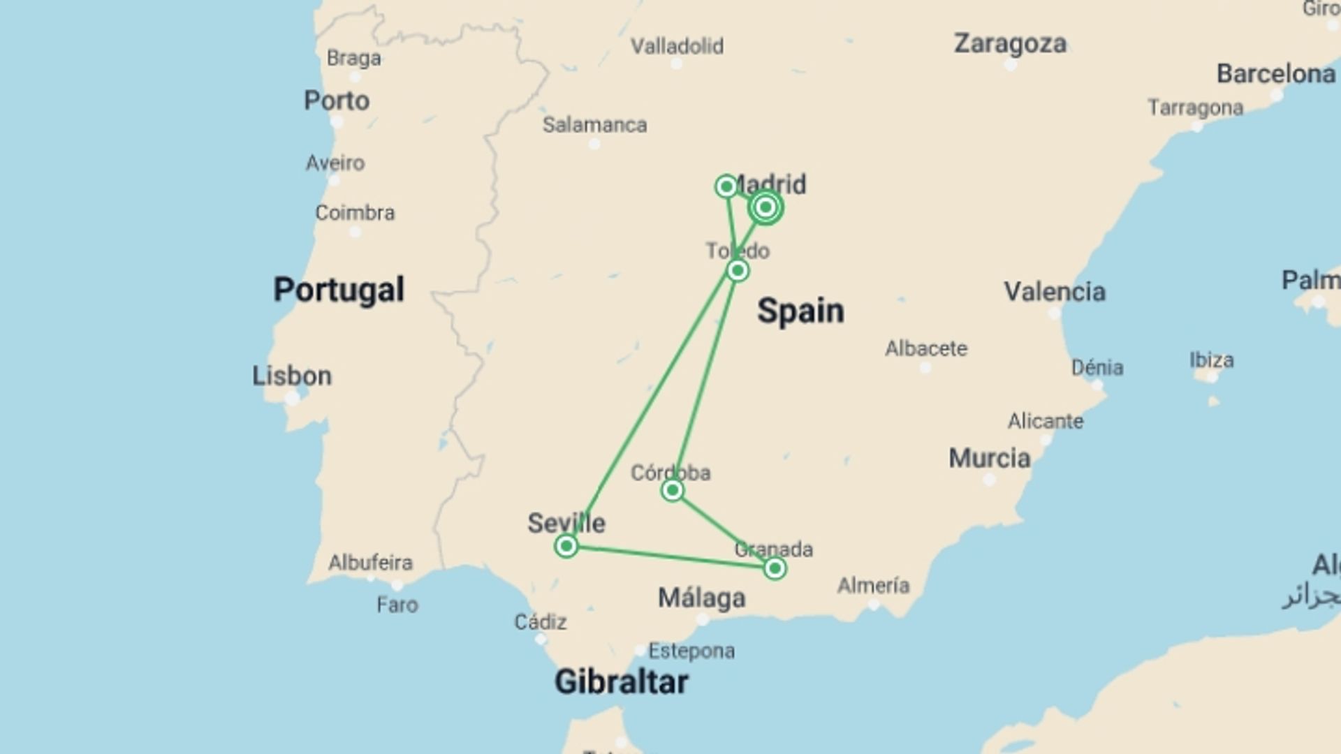 A map showing the tour itinerary for the trip: Madrid To Andalusia, Self-drive, starting in Madrid, Spain and ending in Madrid, Spain going through 4 other destinations.