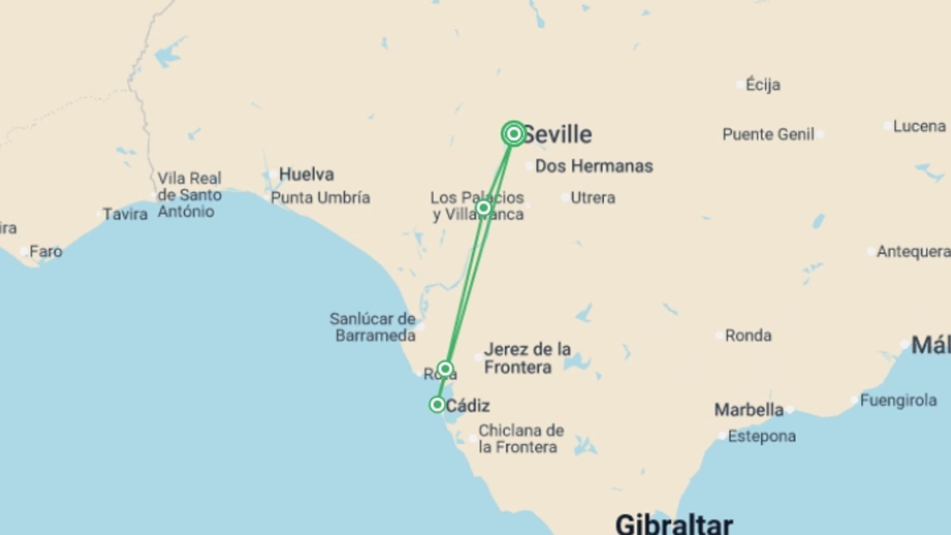 A map showing the tour itinerary for the trip: Andalusia Special ¿Feria¿: The Splendors of Andalusia Along the Guadalquivir (port-to-port cruise), starting in Seville, Spain and ending in Seville, Spain going through 3 other destinations.