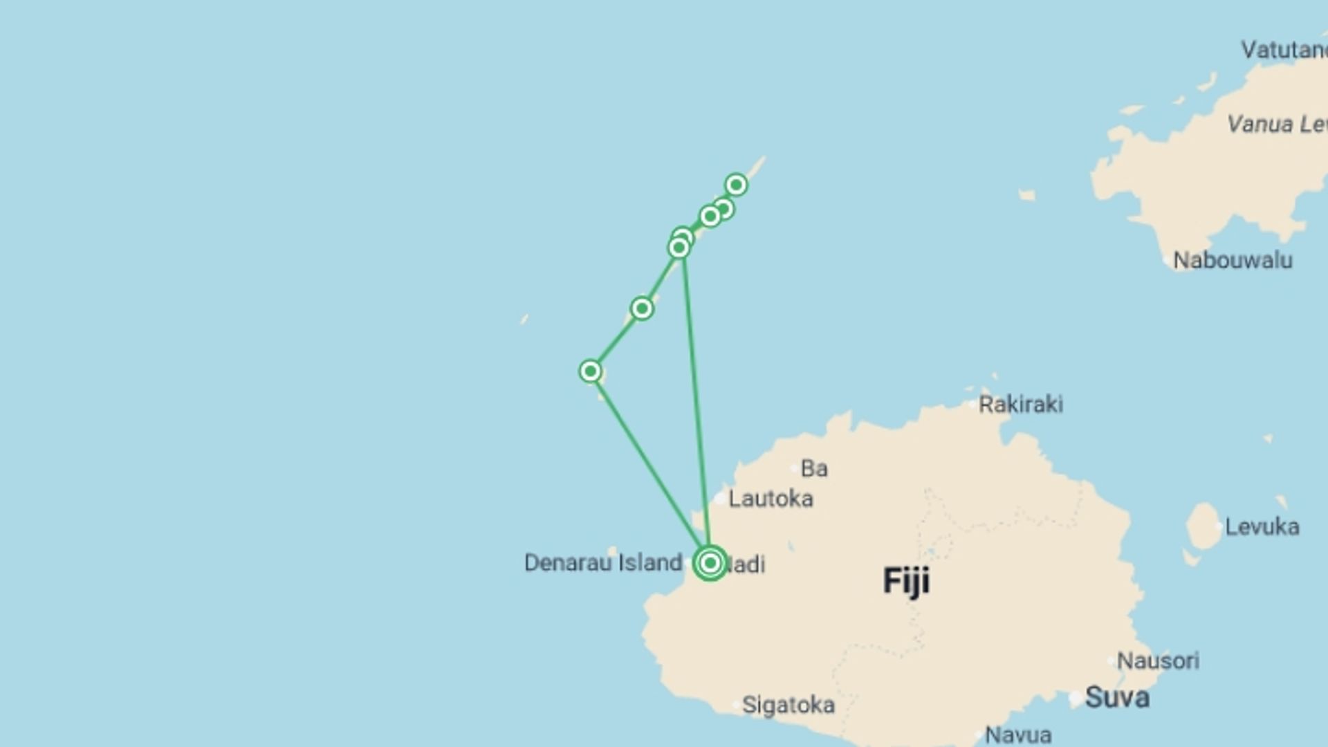 A map showing the tour itinerary for the trip: Ultimate Yasawa Sea Kayak Expedition, starting in Nadi, Fiji and ending in Nadi, Fiji going through 7 other destinations.