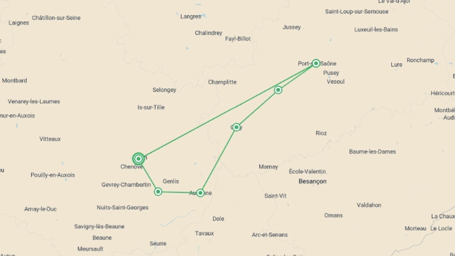 A map showing the tour itinerary for the trip: The Petite Saône & The Burgundy Canal (port-to-port cruise), starting in Dijon, France and ending in Dijon, France going through 6 other destinations.