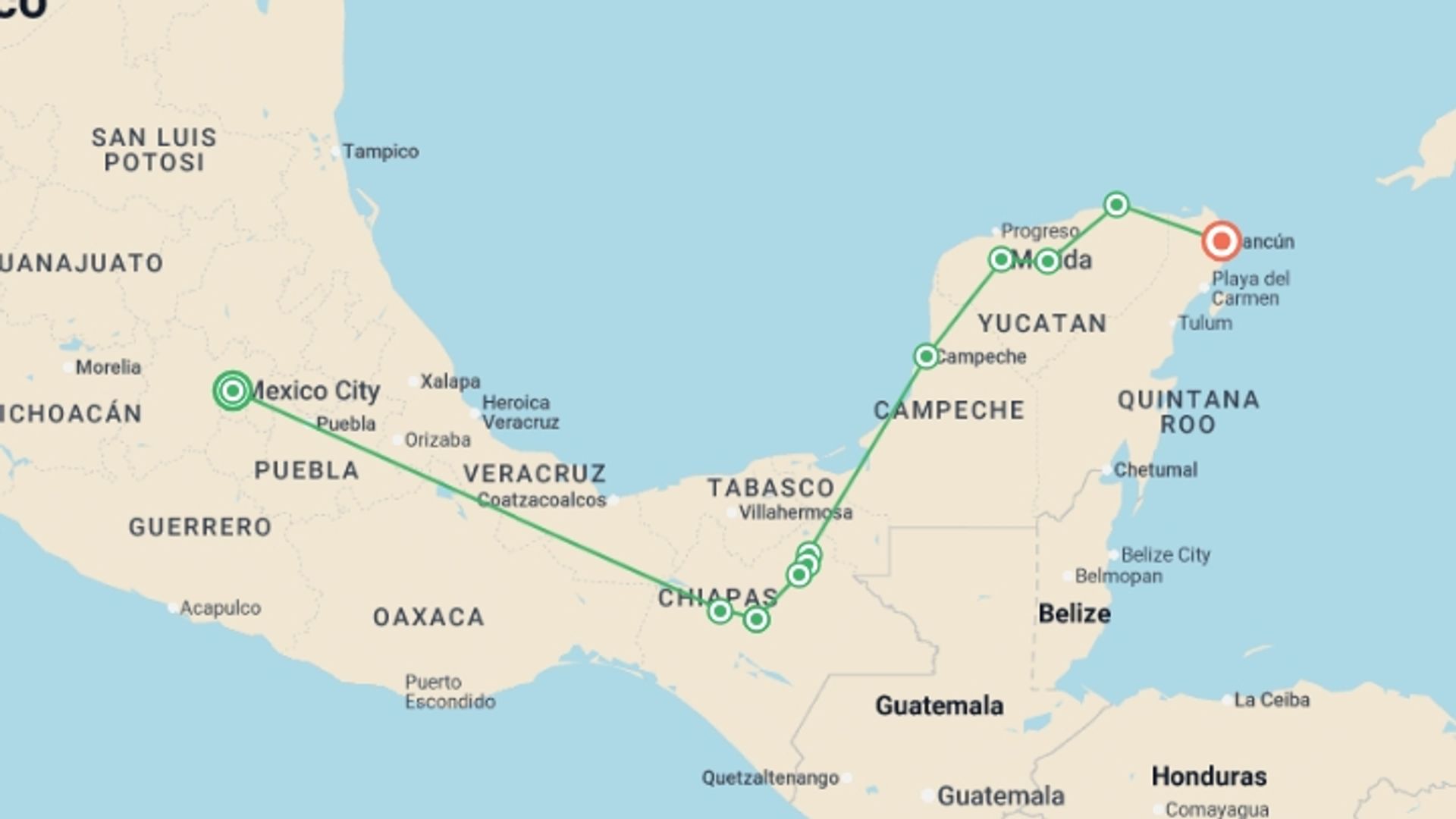 A map showing the tour itinerary for the trip: Mexican Heritage and Adventure, starting in Mexico City, Mexico and ending in Cancún, Mexico going through 5 other destinations.
