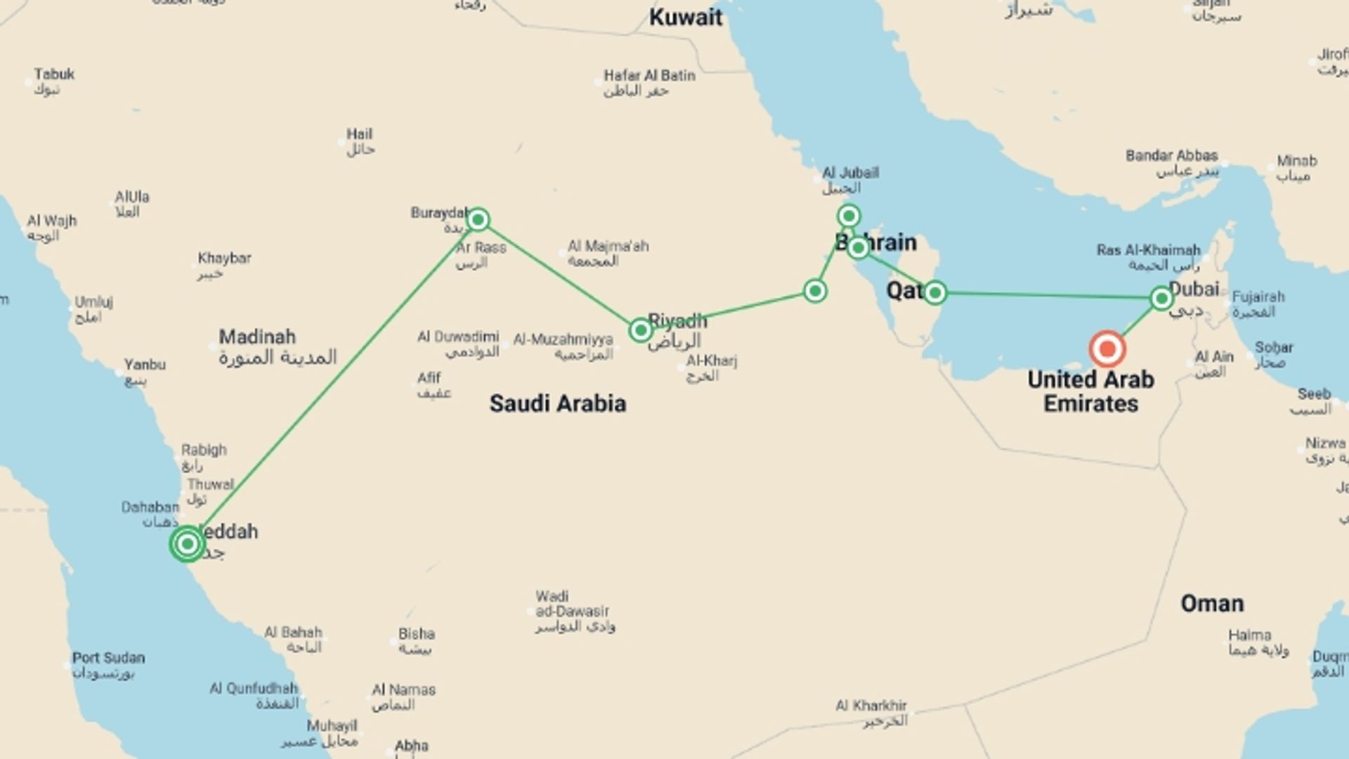 A map showing the tour itinerary for the trip: Saudi Arabia with Bahrain, Qatar and Emirates end Abu Dhabi, starting in Jeddah, Saudi Arabia and ending in Abu Dhabi, UAE going through 7 other destinations.