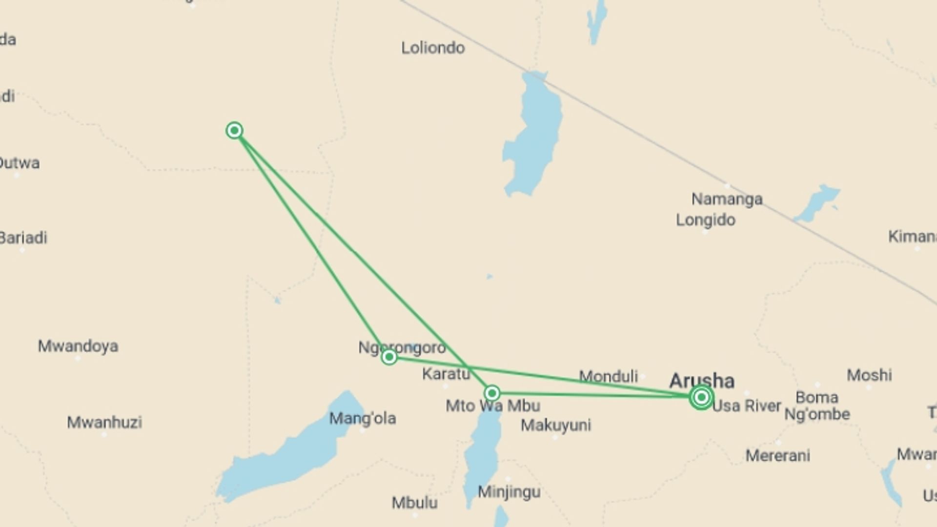 A map showing the tour itinerary for the trip: Tanzania Camping Adventure, starting in Arusha, Tanzania and ending in Arusha, Tanzania going through 3 other destinations.