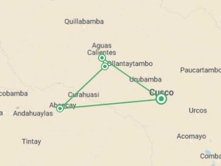 Map of 4-Day Cusco Tour with 4 destination visits for the trip: 4-day Classic Inca Trail to Machu Picchu