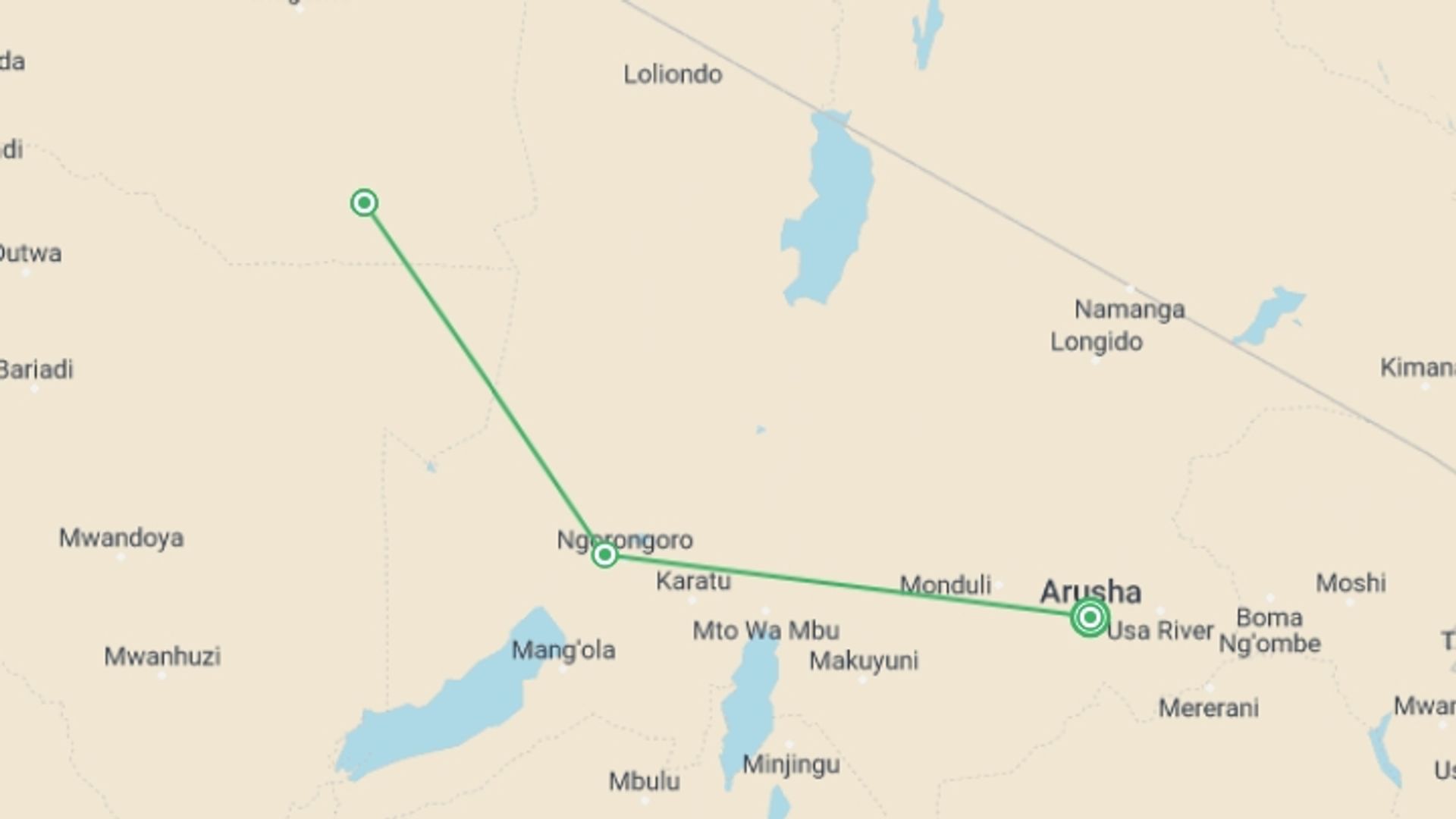 A map showing the tour itinerary for the trip: 7-day Serengeti Great Migration Safari, starting in Arusha, Tanzania and ending in Arusha, Tanzania going through 5 other destinations.