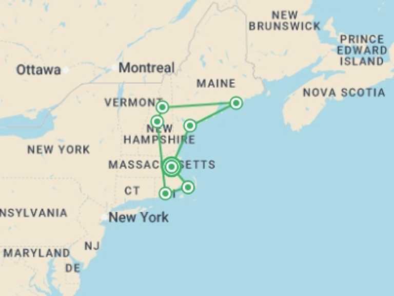 Map of USA Tour with 7 destination visits for the trip: Colors of New England