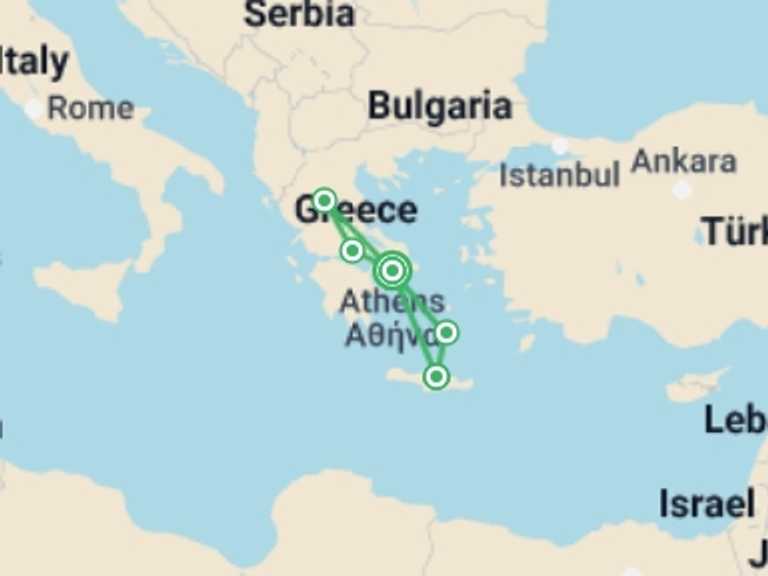 Map itinerary of Heraklion Tour in March 2026 with 3 destination visits for the trip: Athens, Northern Greece and Heraklion