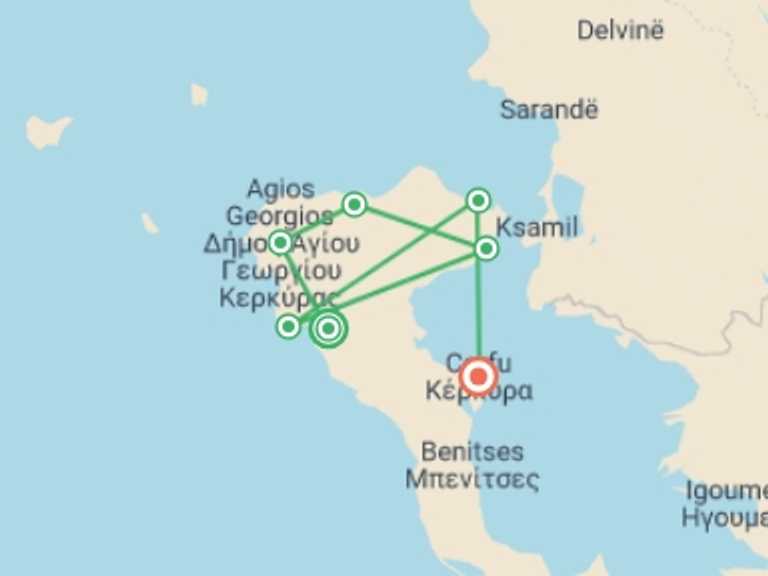 Map of a Walking Tour with 7 destination visits for the trip: Walking the Corfu Trail (North)
