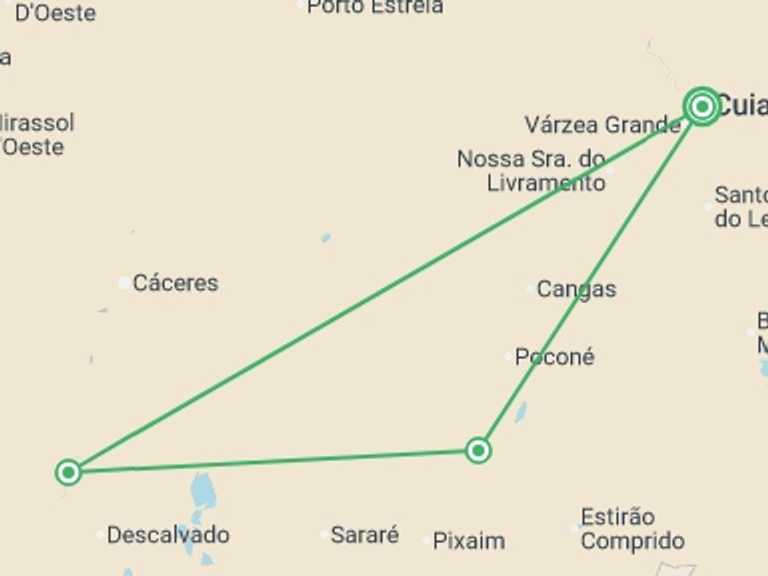 Map of a Wildlife Tour with 3 destination visits for the trip: Pantanal - Land of the Jaguar
