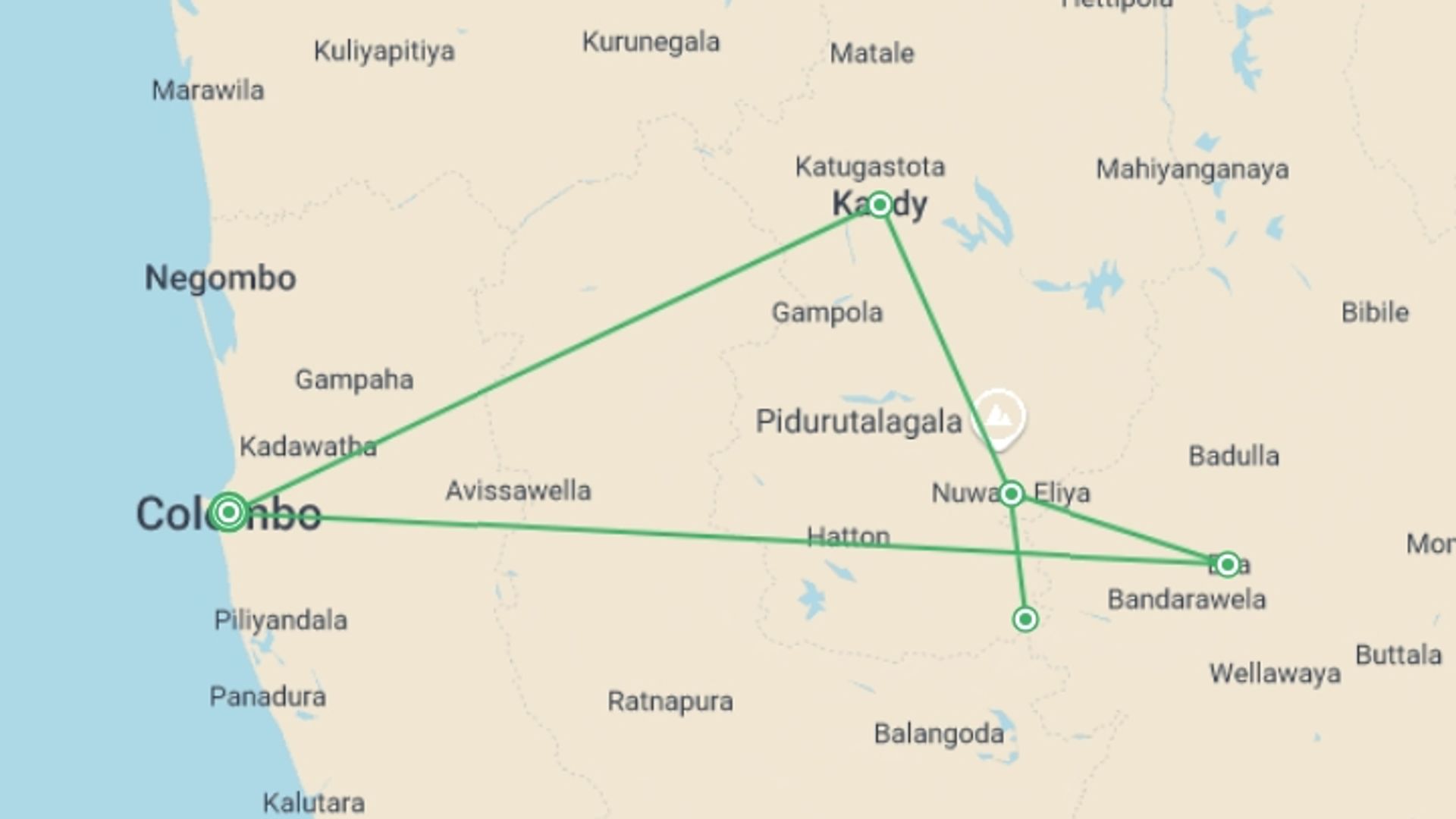 A map showing the tour itinerary for the trip: Tour On The Hills, Private Tour, starting in Colombo, Sri Lanka and ending in Colombo, Sri Lanka going through 3 other destinations.