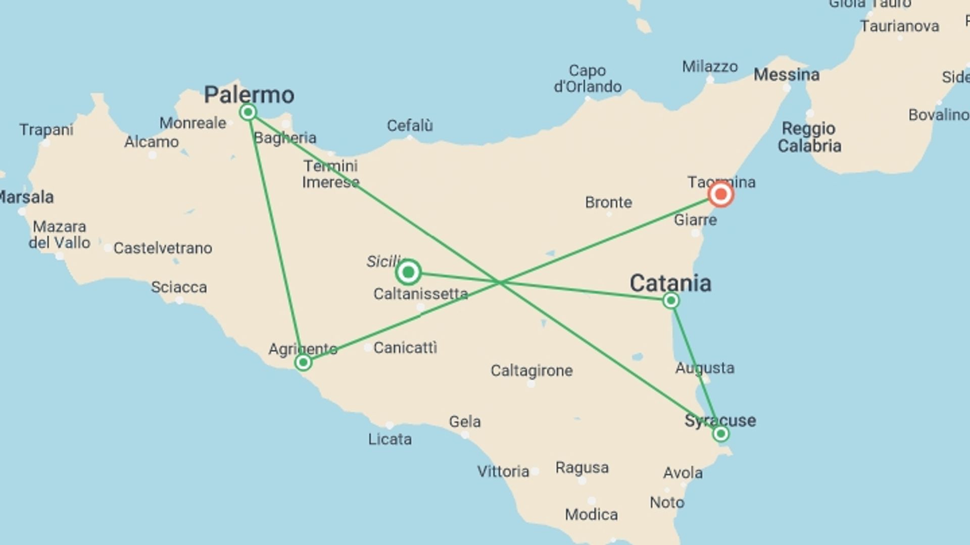 A map showing the tour itinerary for the trip: Treasures of Sicily, starting in undefined, Italy and ending in undefined, Italy going through 0 other destinations.