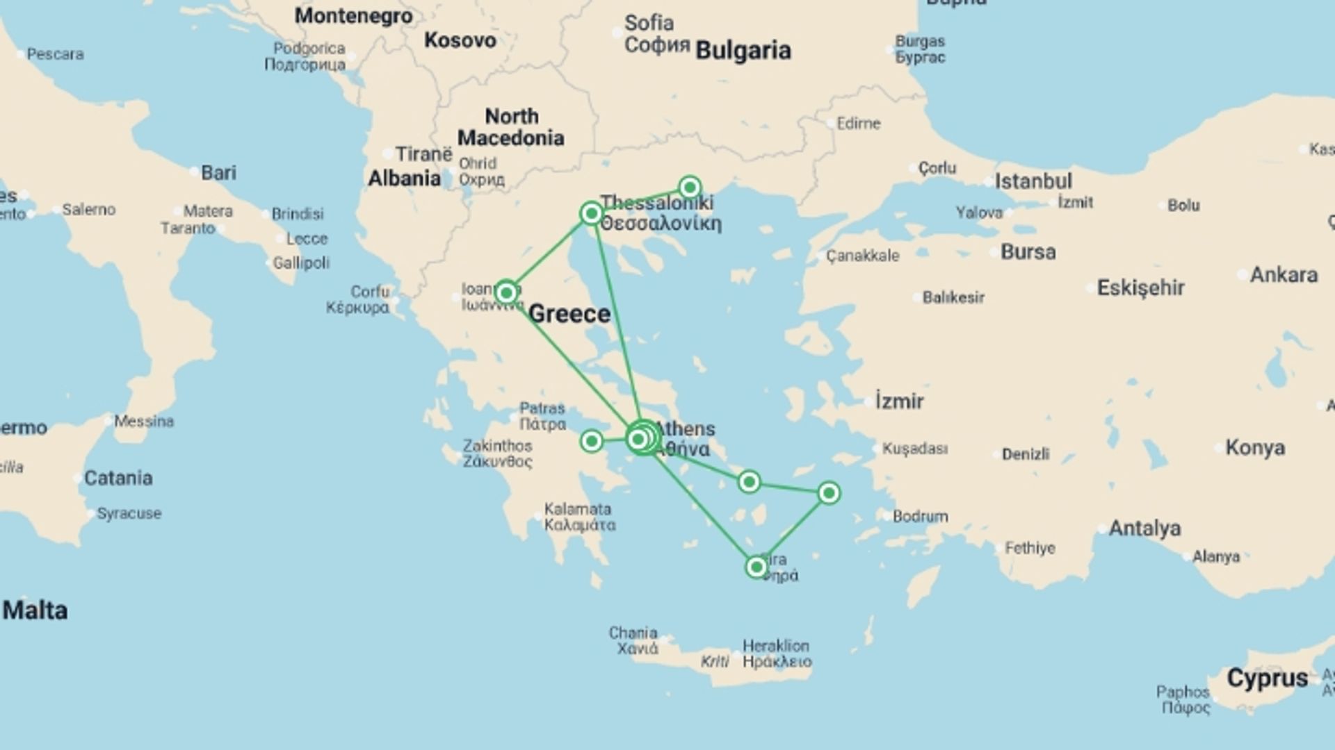 A map showing the tour itinerary for the trip: Greece: In the Footsteps of Paul the Apostle featuring a 3-night Greek Islands & Turkiye cruise, starting in Athens, Greece and ending in Athens, Greece going through 5 other destinations.