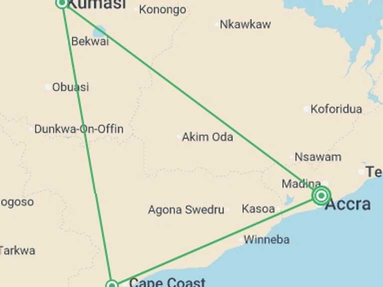 Map itinerary of Africa Tour in October 2026 with 3 destination visits for the trip: Best of Ghana - 8 days