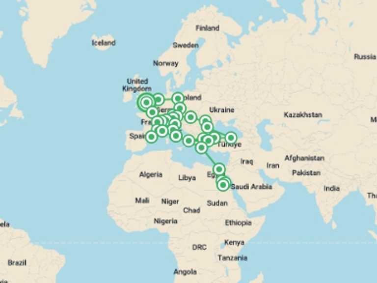 Map itinerary of Turkey Tour in March 2027 with 27 destination visits for the trip: Ultimate European