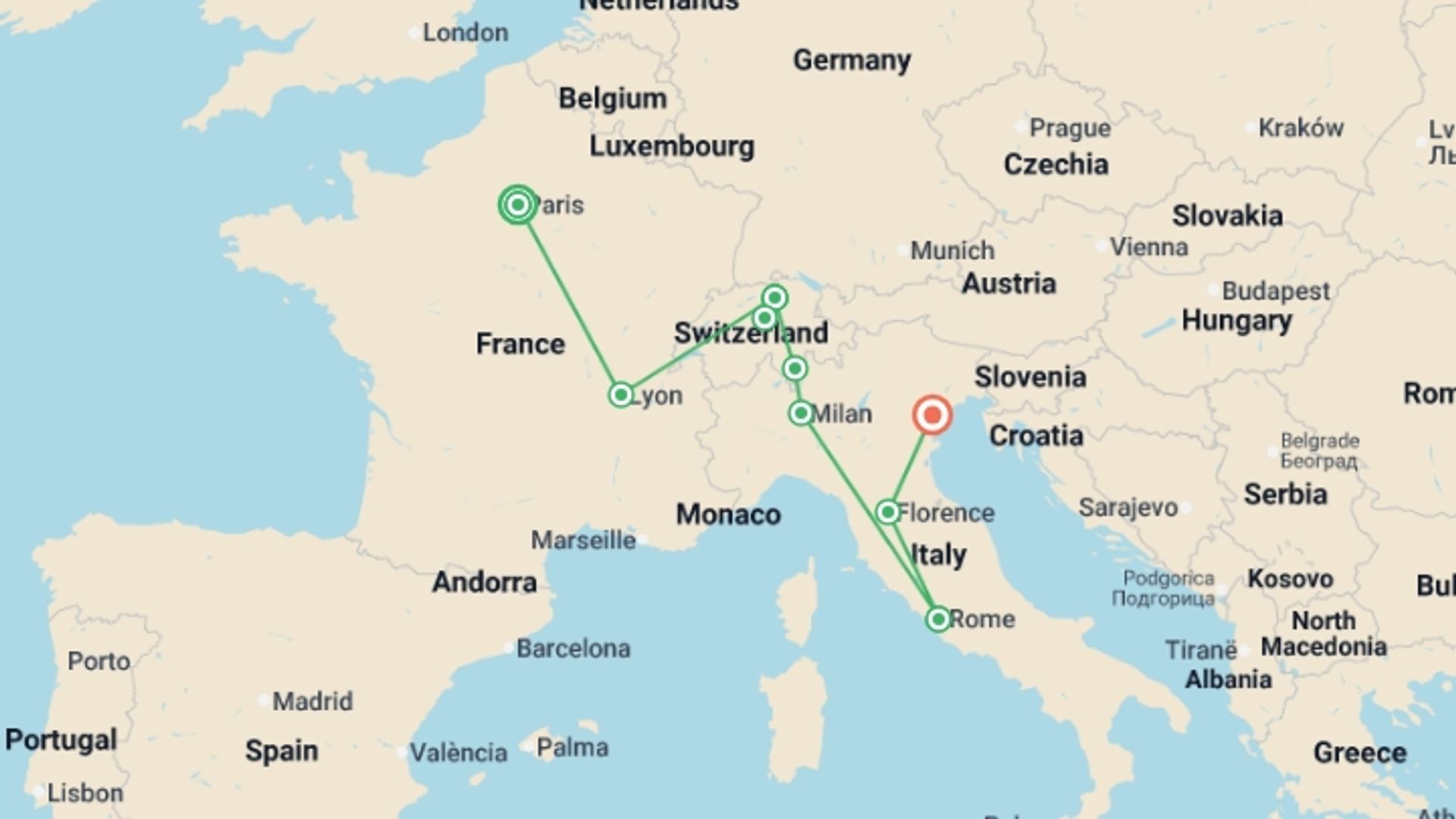 A map showing the tour itinerary for the trip: Solo Lite Essential France Switzerland and Italy, starting in Paris, France and ending in Venice, Italy going through 7 other destinations.