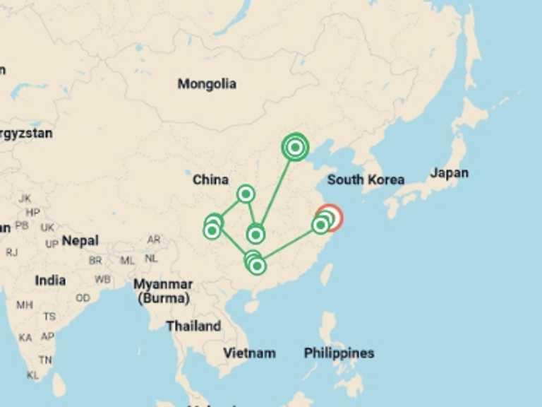 Map itinerary of China Tour in September 2026 with 10 destination visits for the trip: Epic China Adventure