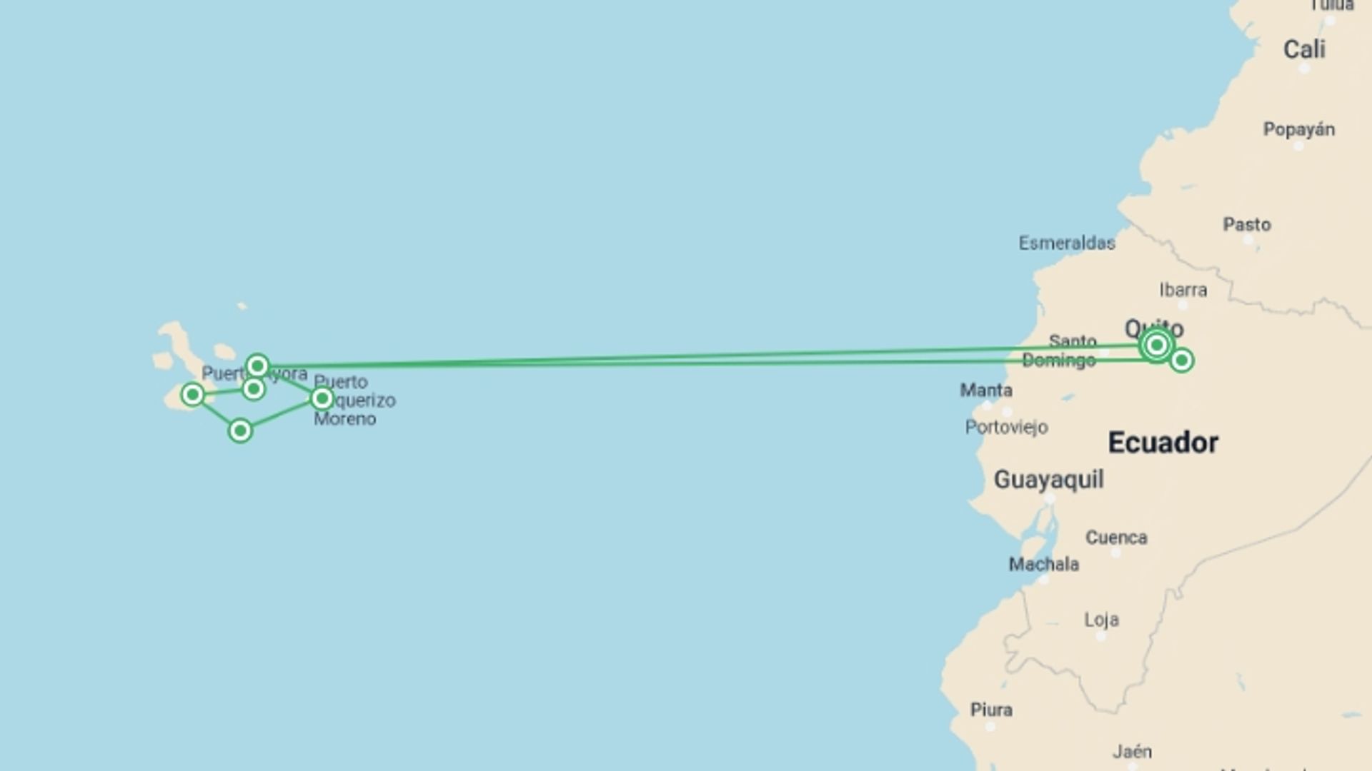 A map showing the tour itinerary for the trip: Upgraded Land Galapagos, starting in Quito, Ecuador and ending in Quito, Ecuador going through 6 other destinations.