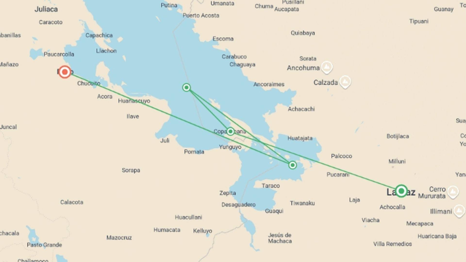 A map showing the tour itinerary for the trip: Lake Titicaca Catamaran 2D/1N (La Paz to Puno), starting in La Paz, Bolivia and ending in Puno, Peru going through 1 other destinations.