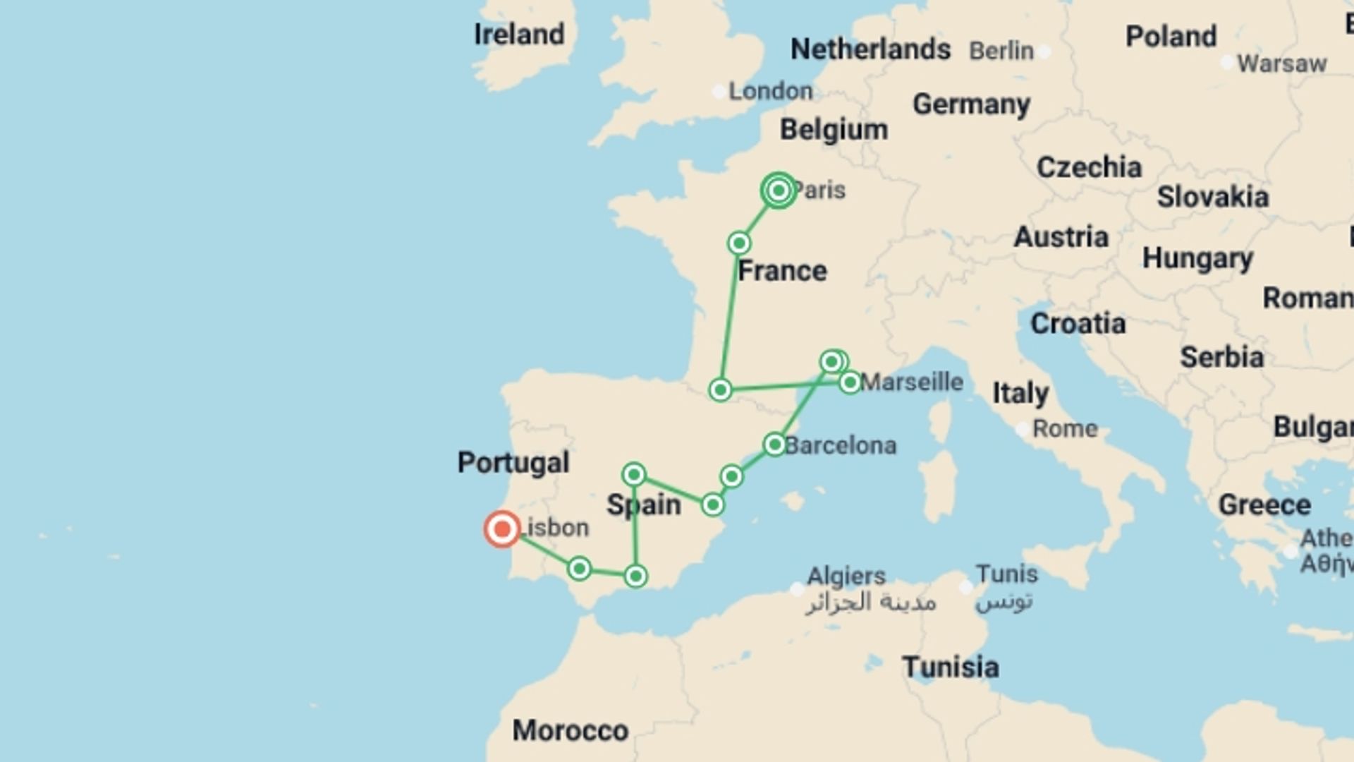 A map showing the tour itinerary for the trip: Paris, Lourdes, Côte d'Azur, Provence with Spain and Lisbon, starting in Paris, France and ending in Lisbon, Portugal going through 9 other destinations.
