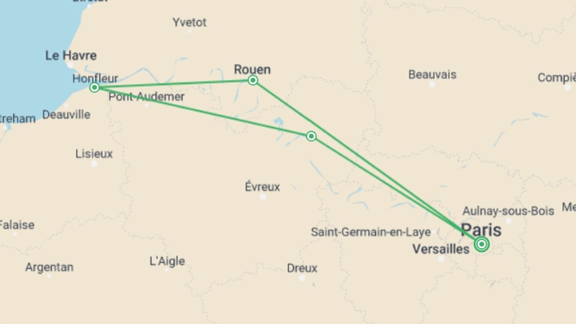 A map showing the tour itinerary for the trip: Cruise Festival: French Cuisine and Impressionism on the Seine River, starting in Paris, France and ending in Paris, France going through 3 other destinations.